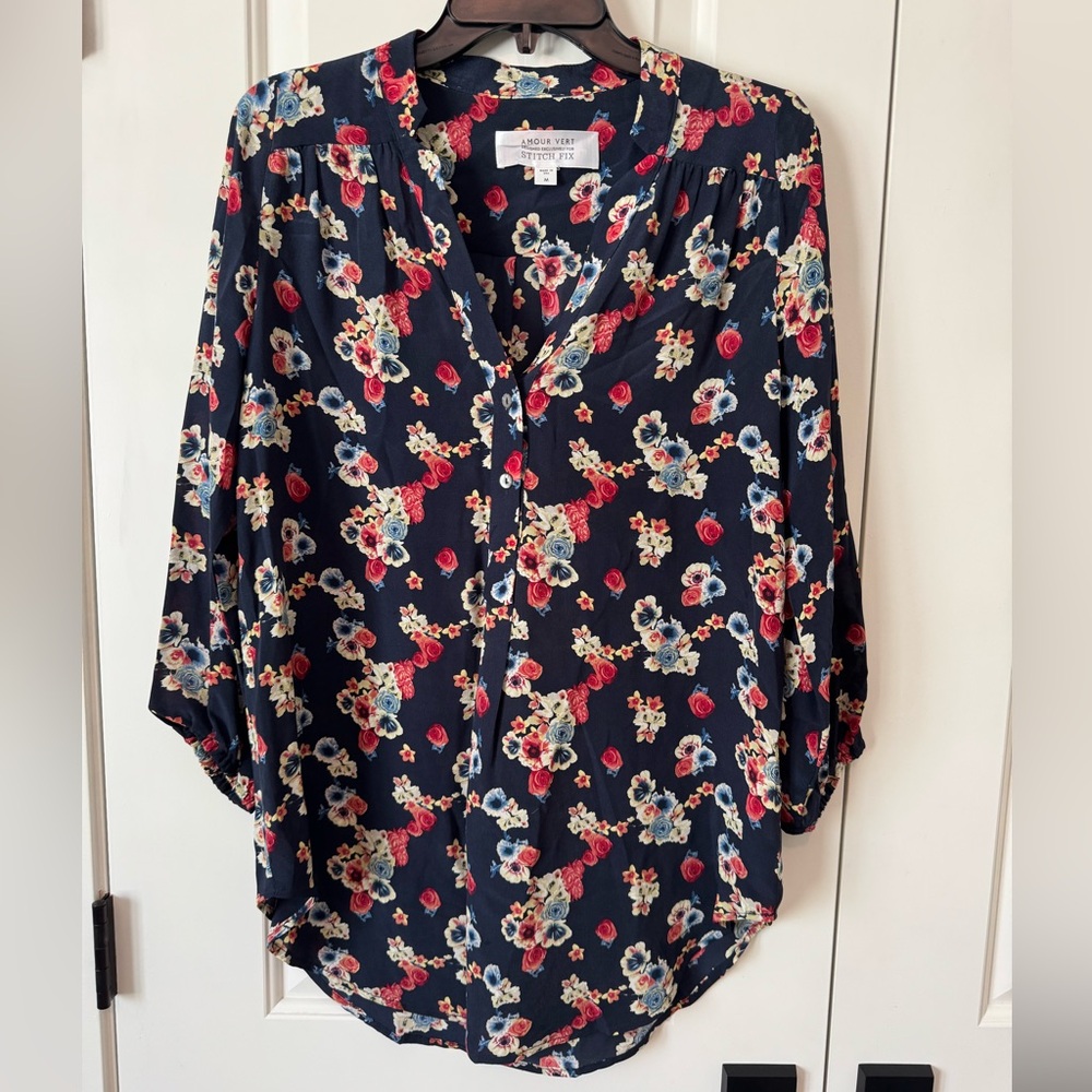 Amour Vert Silk Floral Blouse - Navy Blue and Red